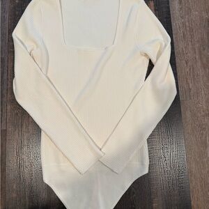 Abercrombie & Fitch Cream Ribbed Square-Neck Long Sleeve Sweater Bodysuit